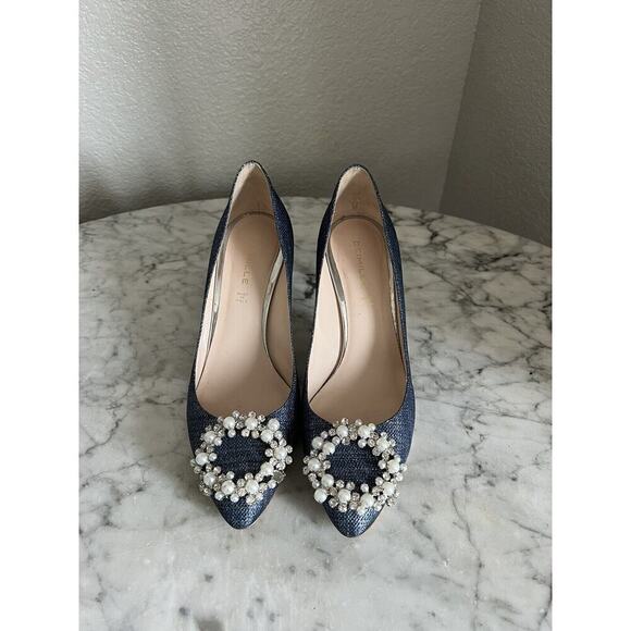 Deimille Jeweled Pearl Embellished Heels Size 38 US 8 Metallic Denim Blue - Picture 1 of 7
